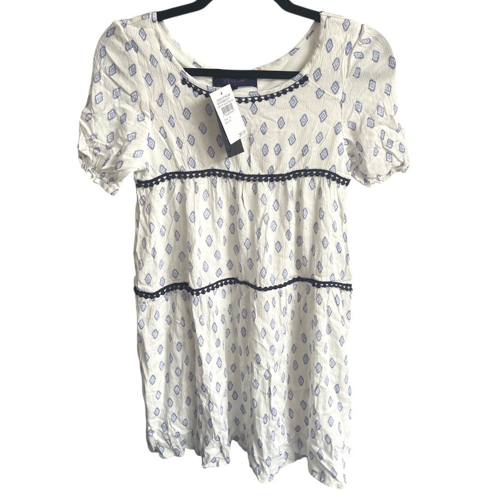 W Girl Kids White Blue Diamond Print Tiered Short Sleeve Dress Size 14 NWT